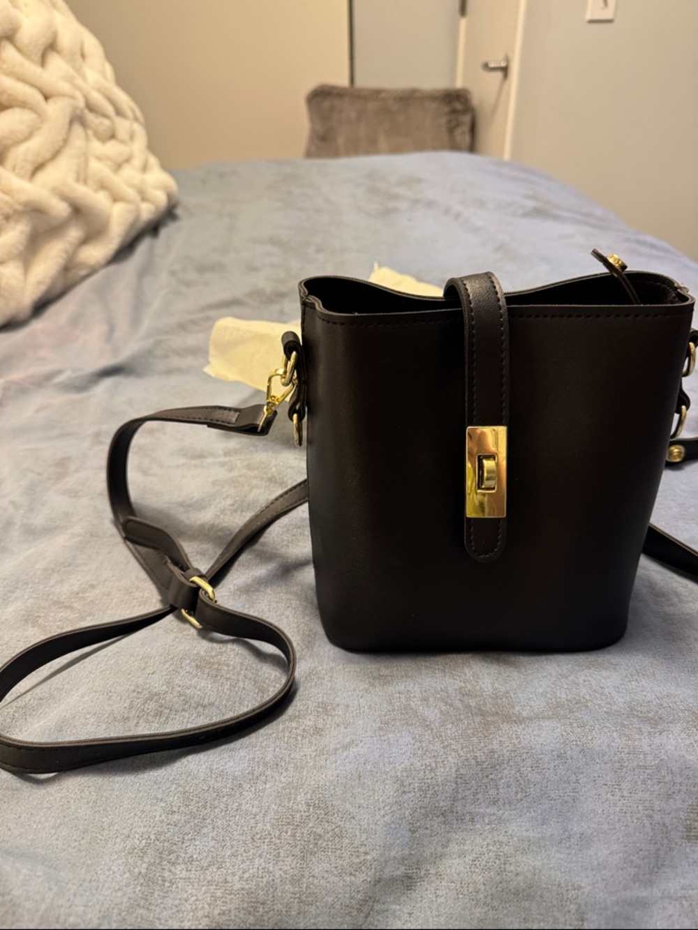Classic Black Leather Crossbody Bag with Gold Hardware